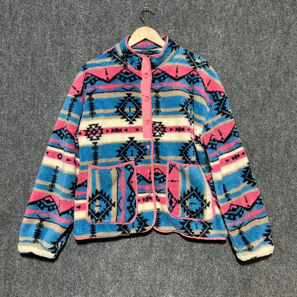 Blu Pepper Fleece Snap Front Jacket Aztec Print‎ Pink Blue Women's M Pockets